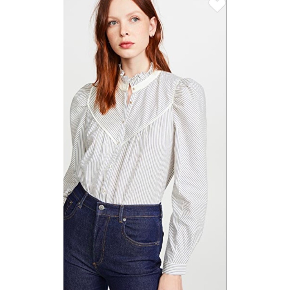 ba&sh Blue White Striped Ruffle Neck Puff Sleeve Western Yoke Blouse M